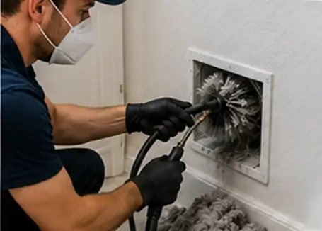 dryer vent cleaning technician removing dust